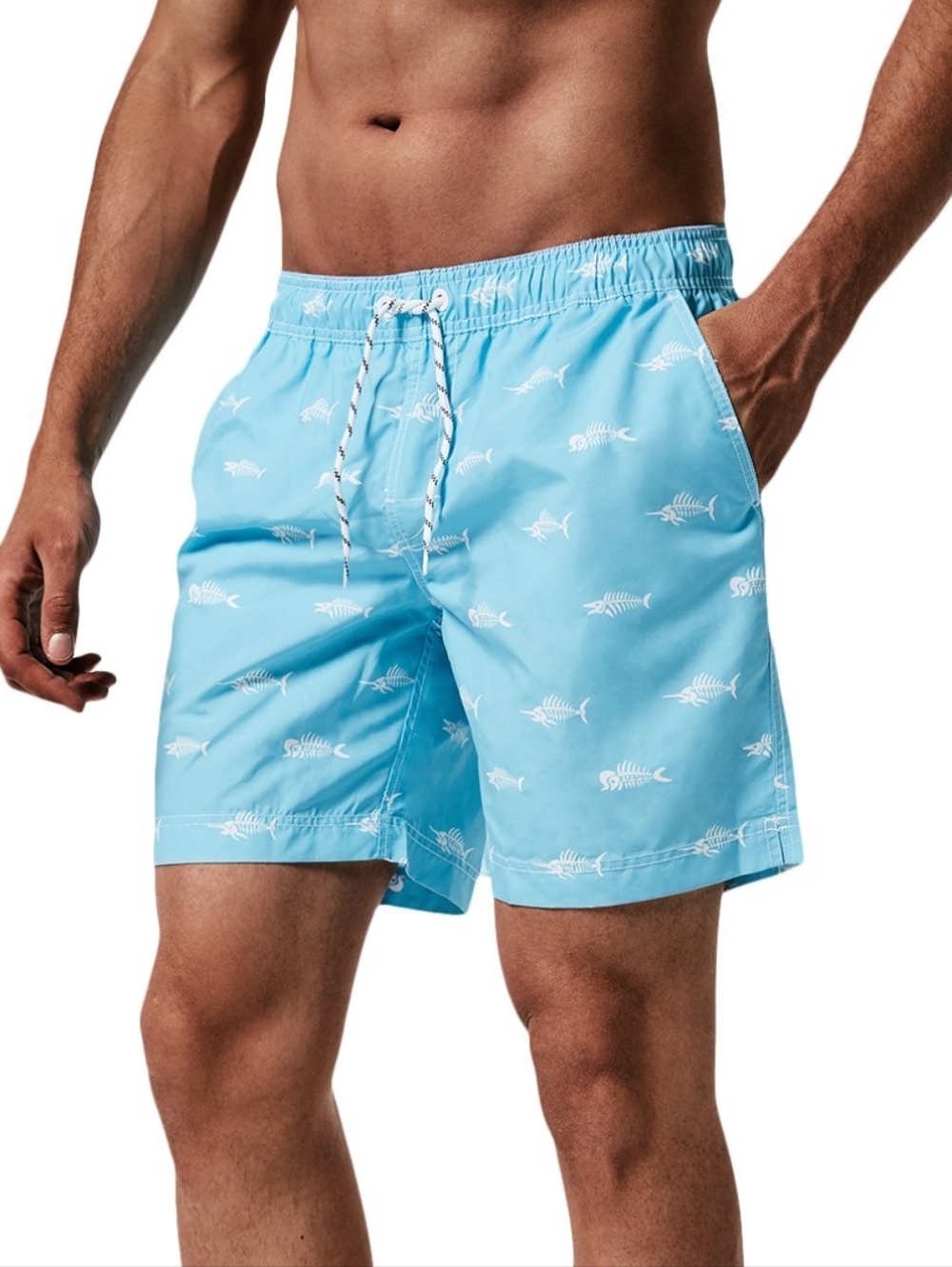 Maamgic Men's Fish Bone Printed Teal Swim Trunks Size Medium